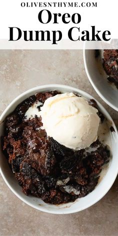 two bowls filled with oreo dump cake on top of a table next to ice cream