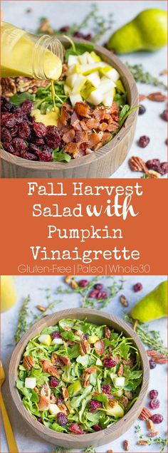 fall harvest salad with pumpkin vinaigrete and cranberries