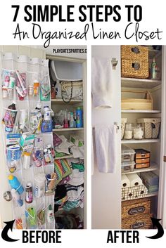 an organized linen closet before and after