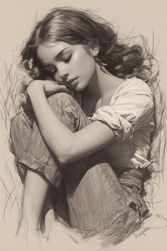 a pencil drawing of a woman with her head resting on her hands and eyes closed