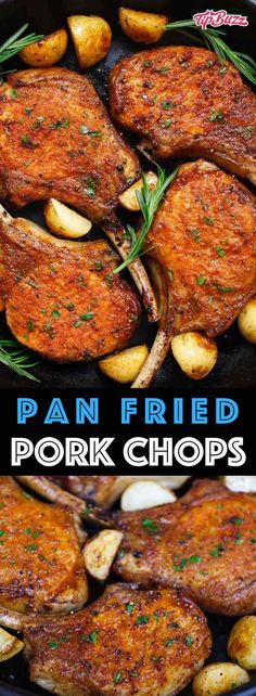 pan fried pork chops with rosemary garnish and potatoes in a cast iron skillet