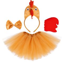 an orange tutu skirt, headband and bow tie with a chicken costume on