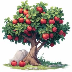 an apple tree with lots of ripe apples on it's branches and leaves, next to a rock