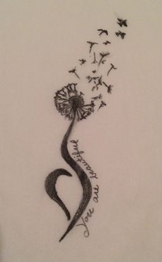 a drawing of a dandelion with words written in it and birds flying around