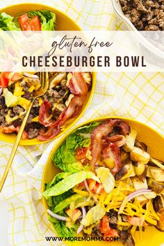 two yellow bowls filled with cheeseburger and bacon salad on top of a table