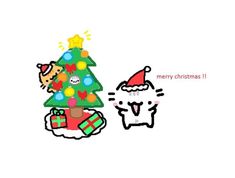 a cartoon christmas tree with santa clause on it's head next to a cat