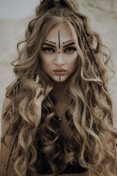 make-up and hairstyle, amazon image, burning man Barbarian Face Paint, Barbarian Makeup Female, Viking Inspired Makeup, Viking Wedding Makeup, Viking Warrior Woman Costumes, Viking Face Paint Women, Easy Viking Makeup, Barbarian Makeup, Simple Viking Makeup