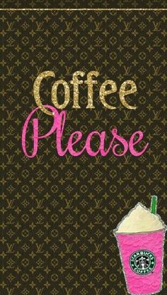 the coffee please sign has a pink cup with a green straw in it on a brown background