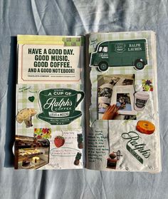 an open book with pictures of food and coffee on the pages is laying on a bed