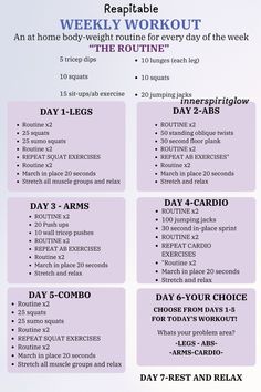 a workout plan with the words, repitalable weekly workout for every day of the week