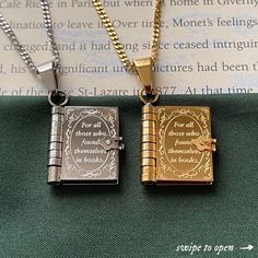 Book Lovers Necklace Engraved Openable Book Chain Pendant - Etsy Book Pendant, Book Necklace, Lovers Necklace, Magical Jewelry, Bookish Things, Engraved Necklace, Fantasy Jewelry, Dream Jewelry, Book Stuff