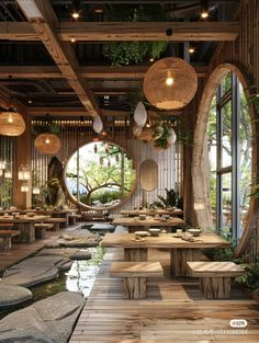 a restaurant with wooden tables and benches in front of large windows, surrounded by greenery