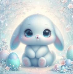 a cute little bunny sitting in front of some easter eggs with pink flowers around it