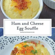 ham and cheese egg souffle is shown in three different bowls on a table