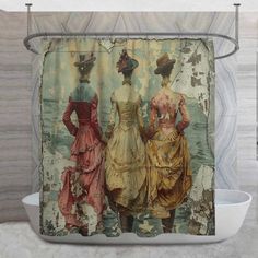 the shower curtain is decorated with two women in dresses and hats, standing next to each other