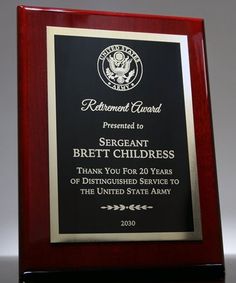 Distinguished Retirement Plaque Retirement Plaque Wording, Wooden Award Plaques, Army Retirement, Trophy Plaques, Gold Engraving