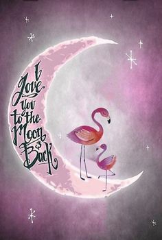 two pink flamingos are standing on the moon