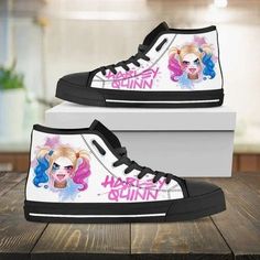 Harley Quinn Character Dc Comic I Design For Lovers Gift For Fan Custom Canvas High Top Shoes Joaquin Phoenix
 x Lady Gaga. Stride with confidence in these sleek sneakers, boasting a striking dinosaur print with floral touches for a unique spin on classic footwear.". #high top #dc comic #lady gaga #joaquin phoenix #harley quinn #Shoes #Alwaysky Black High Top Shoes, Casual Shoes Black, Custom Painted Shoes, Custom Fans, Shoes Store, Black High Tops, Dc Comic, Joker And Harley Quinn, Custom Painted