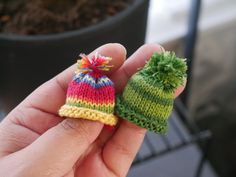 a hand holding two knitted hats in front of a potted plant