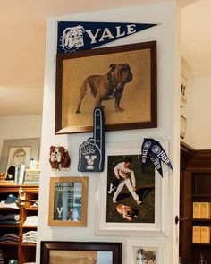 Varsity Room Decor, Collegiate Nursery, Collegiate Aesthetic Decor, Sports Bedroom Aesthetic, Sports Memorabilia Office, Vintage Preppy Room, Preppy Home Office, Ralph Lauren Gallery Wall, Academic Home Decor