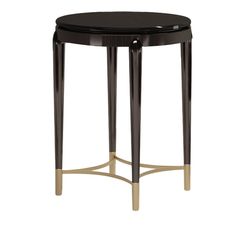 a black and gold side table with an oval shaped wooden top, on a white background