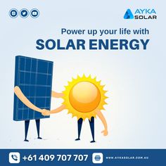 two people holding up a solar panel with the words power up your life with solar energy