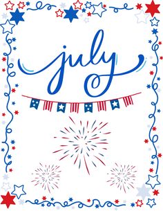 a fourth of july card with fireworks and stars on the border, in red white and blue colors