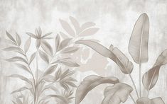 an artistic painting of leaves and flowers on a white wallpapered background with neutral tones