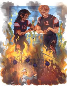 two soccer players standing in front of a fire with their hands on each other's chests