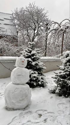 a snowman sitting next to two small trees covered in snow on a snowy day