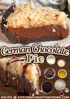 the german chocolate pie has been cut into pieces and is on a plate with other ingredients