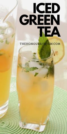 two glasses filled with iced green tea on top of a table