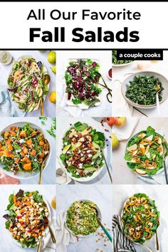 a collage of photos showing different salads in bowls, with the title all our favorite fall salads