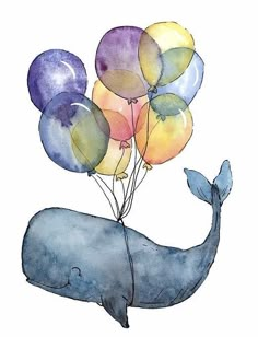 a watercolor painting of a whale holding balloons