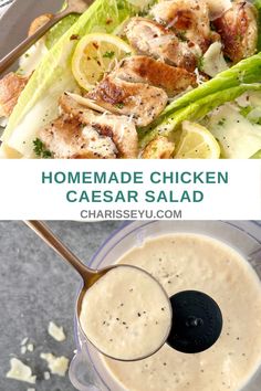 homemade chicken caesar salad in a blender with dressing next to it and the recipe below