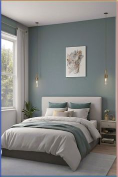 a bedroom with blue walls, white bedding and gray carpeted flooring is shown