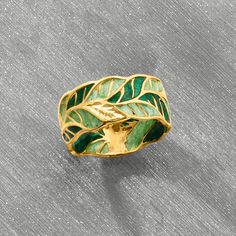 Ross-Simons - Italian Green Enamel Leaf Ring in 14kt Yellow Gold. Size 10. A perfect ring for the nature enthusiast! Light and dark green enamel leaves shine in textured and polished 14kt yellow gold. 3/8" wide. Green enamel leaf ring. Earthy Rings, Textured Gold Ring, Texture Jewelry, Property Ideas, Nature Enthusiast, Spa Ideas, Art Jewelry Design, Green Rings, Nature Ring