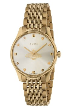 Free shipping and returns on Gucci G-Timeless Bracelet Watch, 36mm at Nordstrom.com. A heritage bee, a symbol of wisdom and love, lands on the brushed dial of this Swiss-made watch shining with a mix of emblematic indexes. Gucci Timeless Watch Women, Airport Paparazzi, Work Trip, Timeless Watches, Swiss Made Watches, Womens Watches Luxury, Buy Gucci, Gold Case, Women's Watch