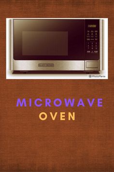 a microwave oven with the words microwave oven oven over it's door and an orange background