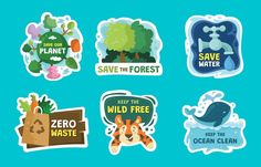 four stickers with different types of animals and plants on them, one is for save the