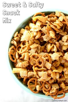 sweet and salty snack mix in a blue bowl on a white background with text overlay