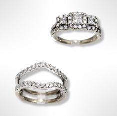 two wedding rings with diamonds on each one and an engagement ring in the other side