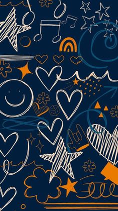 an abstract drawing with hearts and stars on a blue background