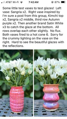 two vases filled with white flowers on top of a table