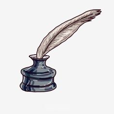 an ink pen with a feather resting on it's tip in a blue vase