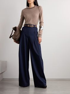 Altuzarra’s ‘Zanni’ pants are defined by their voluminous, wide-leg silhouette. Tailored from a wool-blend in a ‘Berry Blue’ shade, they have low side pockets and pleats along the front. Wear yours with a tucked-in top. Old Money Princess, Blue Wide Leg Pants Outfit, Adventurer Clothes, Clothes Palette, Fall Thrifting, Navy Blue Pants Outfit, Blue Trousers Outfit, Navy Blue Outfits, Modest Capsule Wardrobe