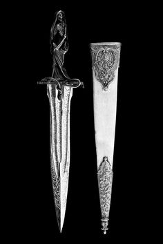 two knives are shown side by side on a black background, one is holding a woman's head and the other has an ornate handle