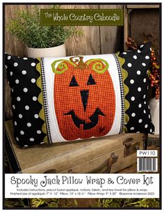 a pillow with a jack - o'- lantern face on it and the words spooky jack pillow wrap & cover kit