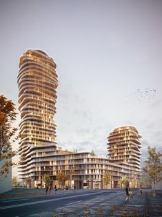 an artist's rendering of two tall buildings in the city