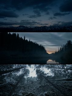 three different shots of trees and water in the night, with mountains in the background